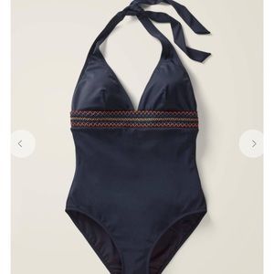 Boden Como embroidered swimsuit, navy, size 10